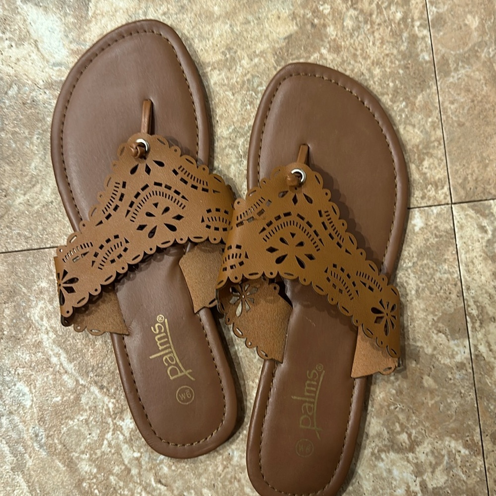 2/$15 EUC Laser Cut Brown Flip Flops - Size 9